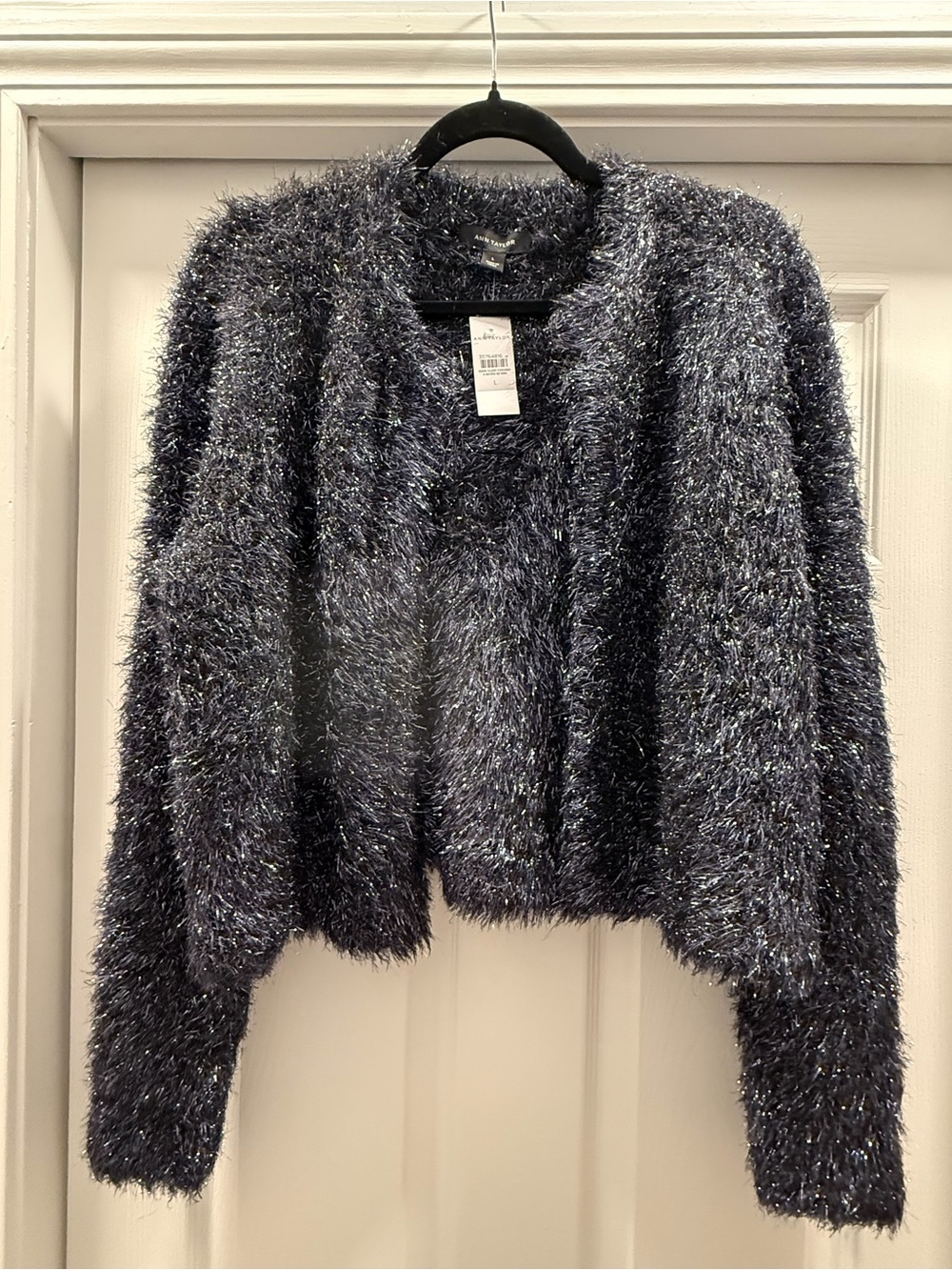 Ann Taylor Fuzzy Metallic Open Cardigan Jacket in Navy and Silver -Large